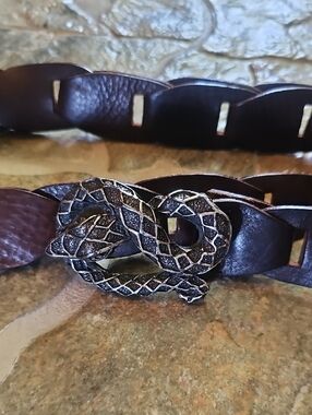 Brown Braided Leather Belt with Snake Buckle
